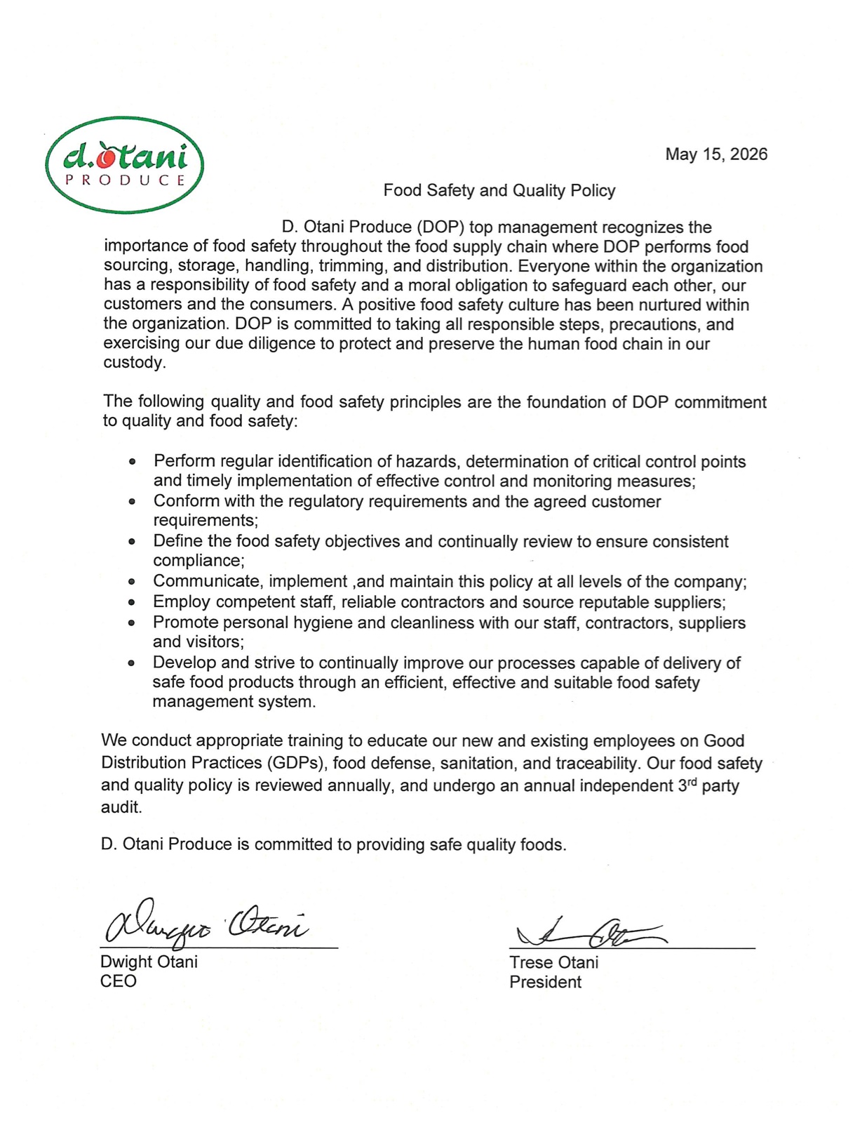 2026 Food Safety and Quality Policy preview